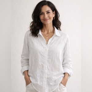 J. McLaughlin | White Linen Longline Button Down Shirt Beachy Coastal Summer